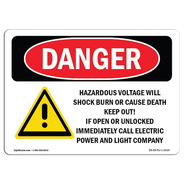 Safety Sign, OSHA Danger, 3.5" Height, 5" Width, Hazardous Voltage Will Shock, Landscape, 10PK